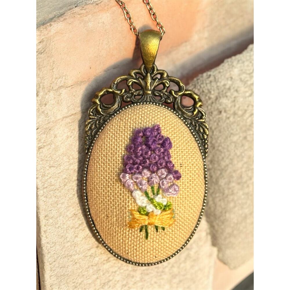 Lavender Bouquet Flower Embroidery Necklace in Decorative Bezel